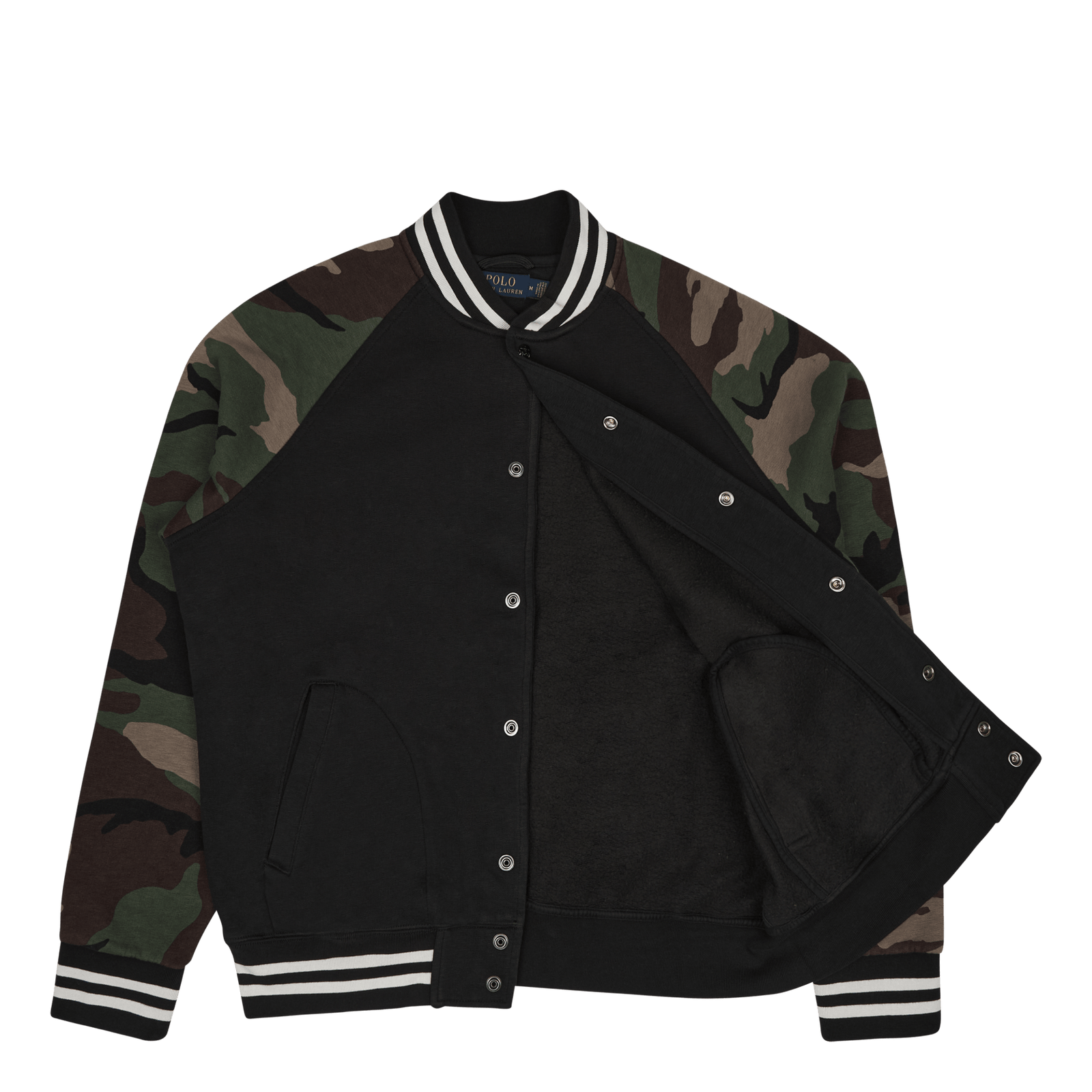 Camo-Sleeve Fleece Baseball Jacket Polo Black Multi