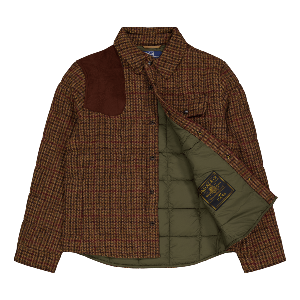 Suede-Patch Wool Down Jacket Burgundy/Green Hounds Ovrchk
