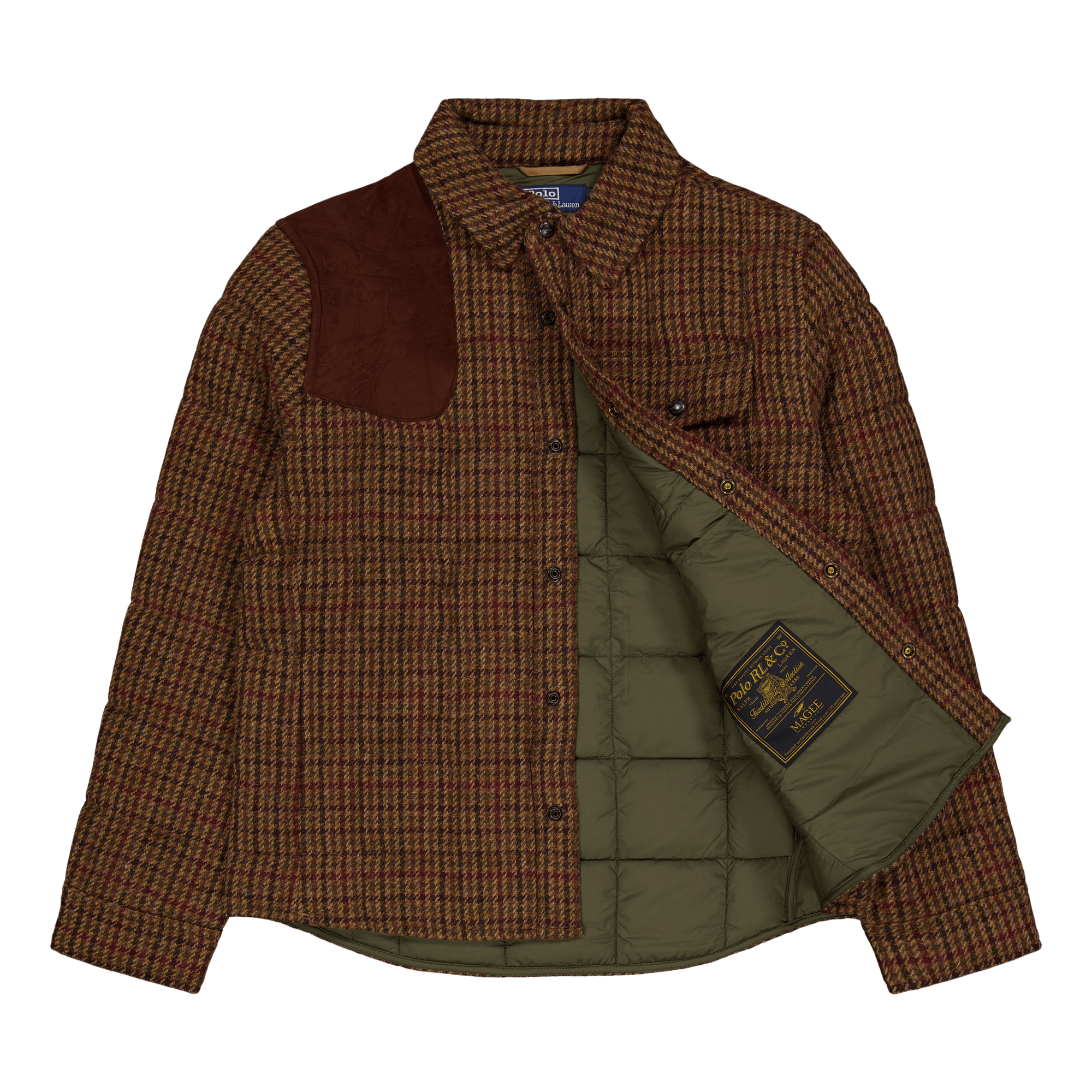 Suede-Patch Wool Down Jacket Burgundy/Green Hounds Ovrchk