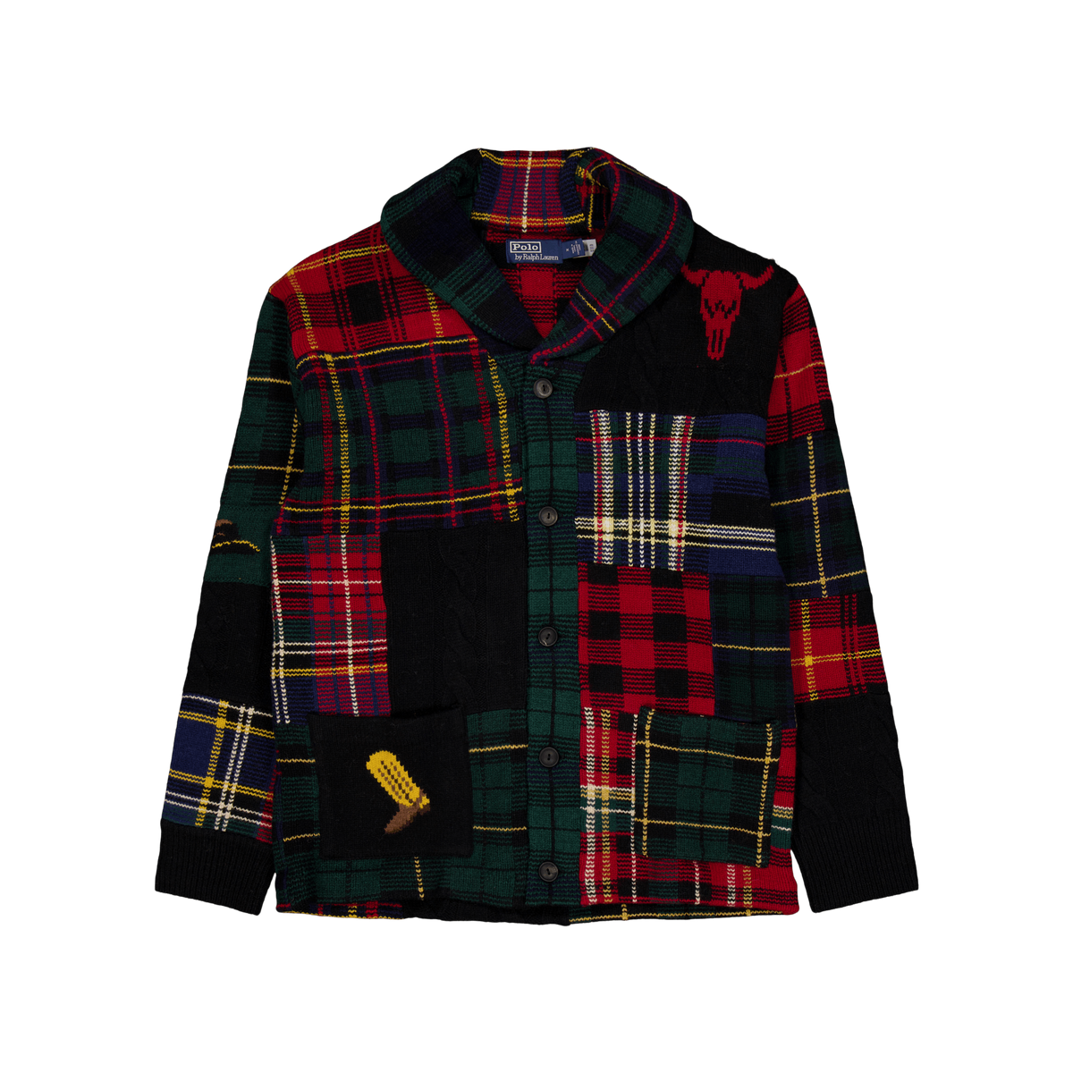 Patchwork Plaid Wool-Blend Cardigan Black Regimental Combo