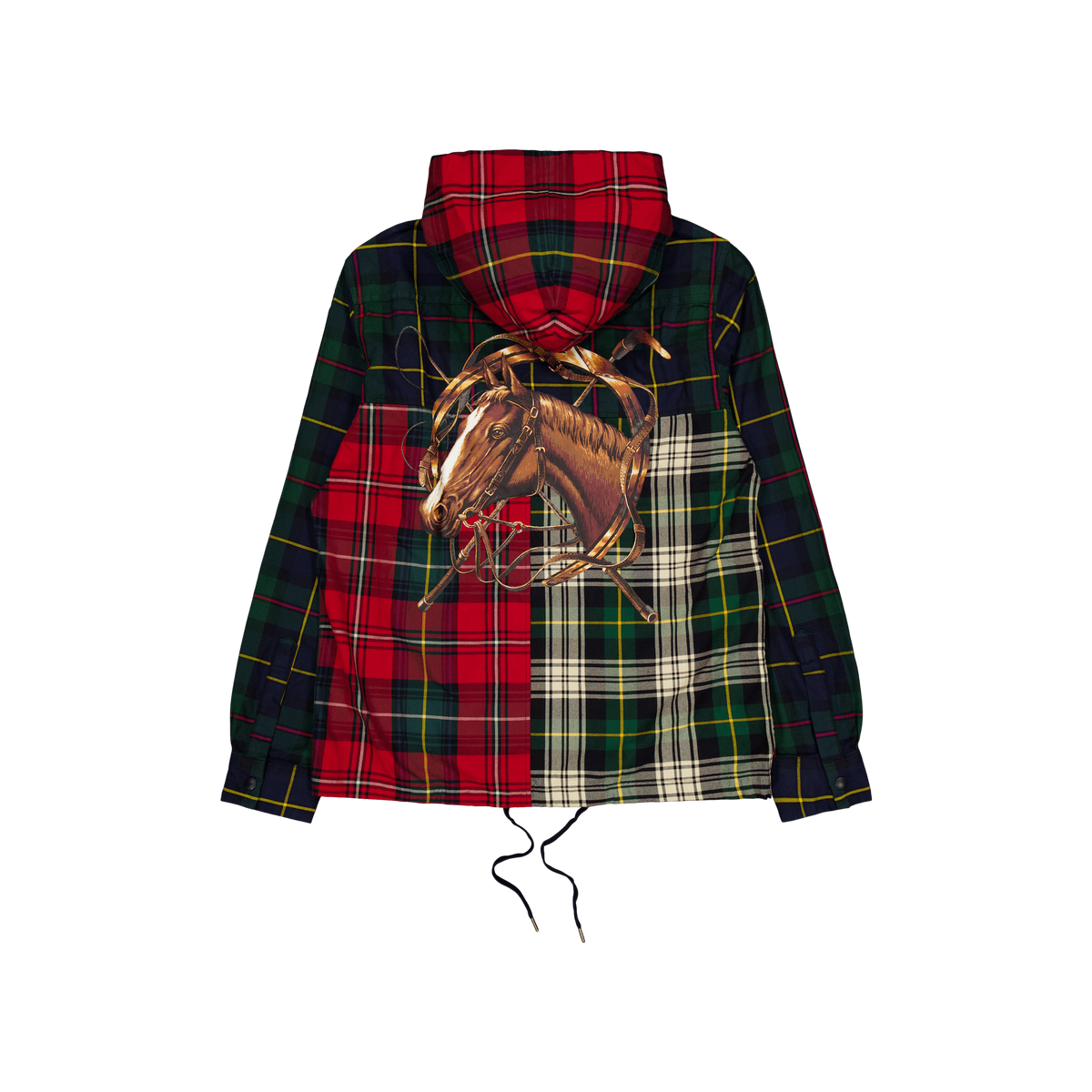 Plaid Patchwork Hooded Shirt Jacket 3427B Equestrian Tartan Piecng