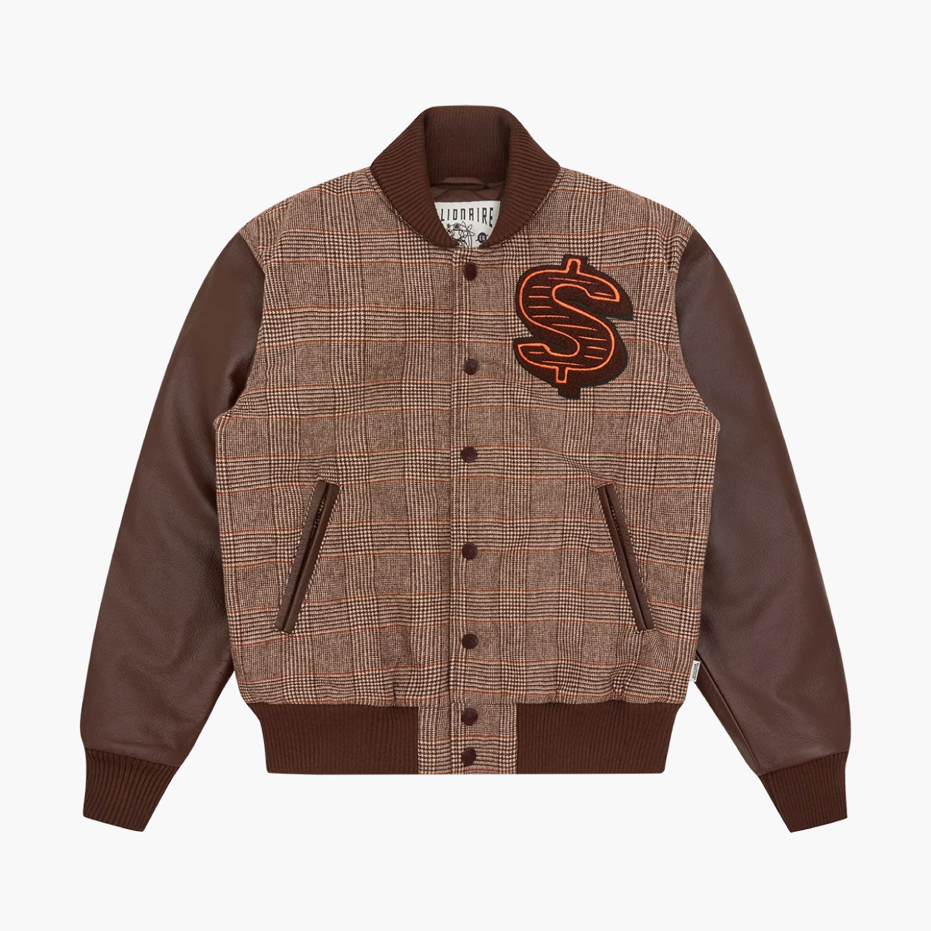 Leather Sleeve Varsity Jacket Brown Check