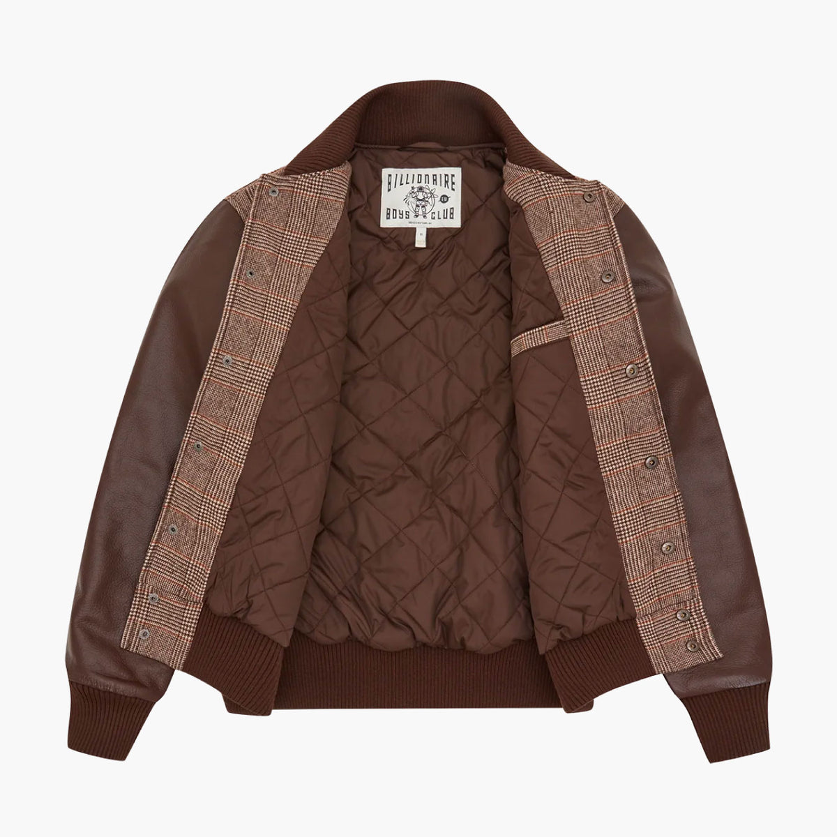 Leather Sleeve Varsity Jacket Brown Check