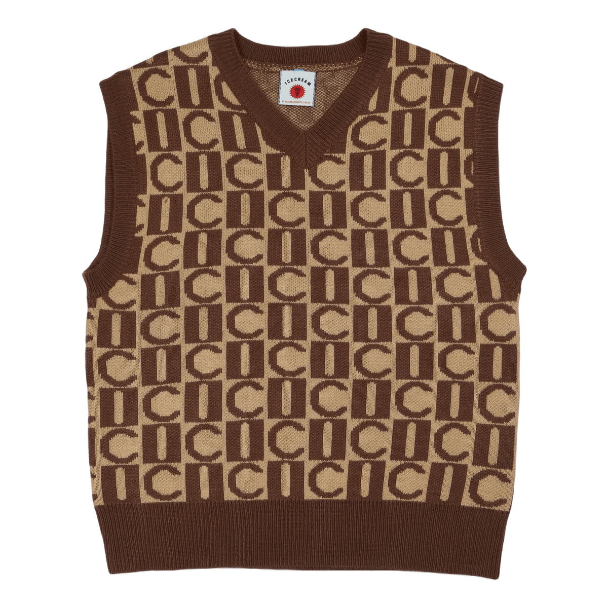 Checker V-neck Knitted Vest Brown