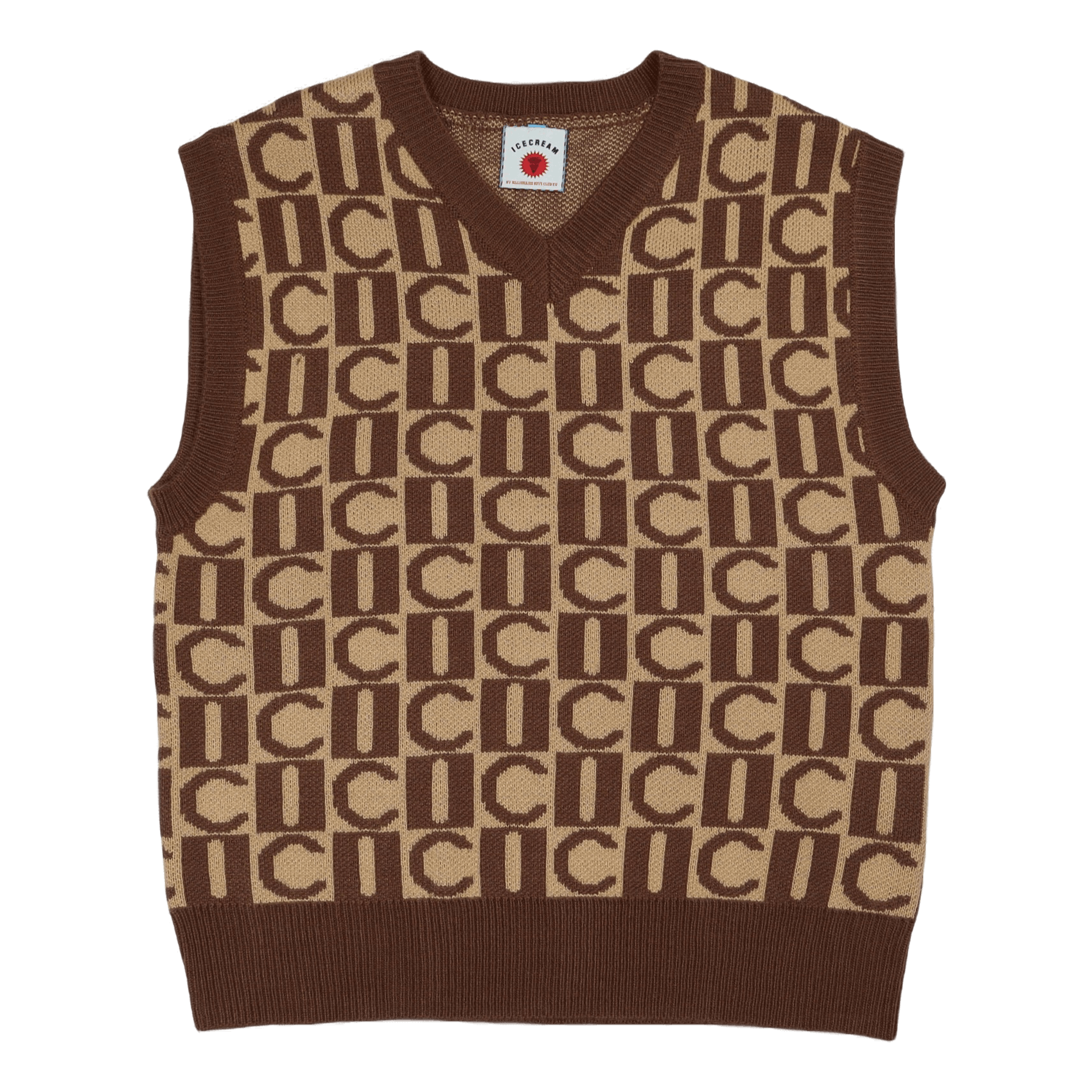 Checker V-neck Knitted Vest Brown