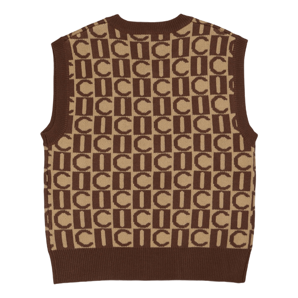 Checker V-neck Knitted Vest Brown