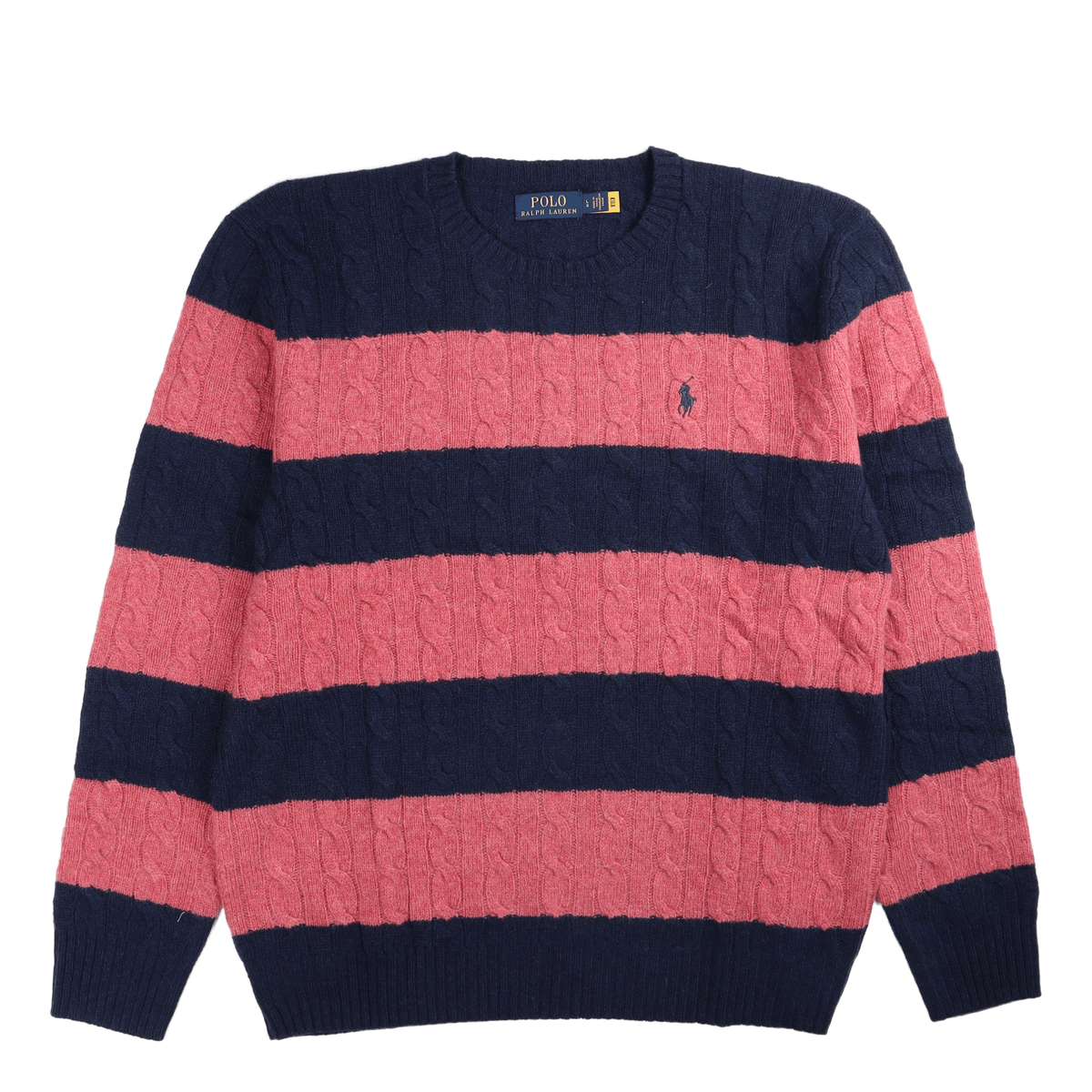 Striped Cable-Knit Wool-Cashmere Sweater Spring Navy Hthr/Rosebud Hthr