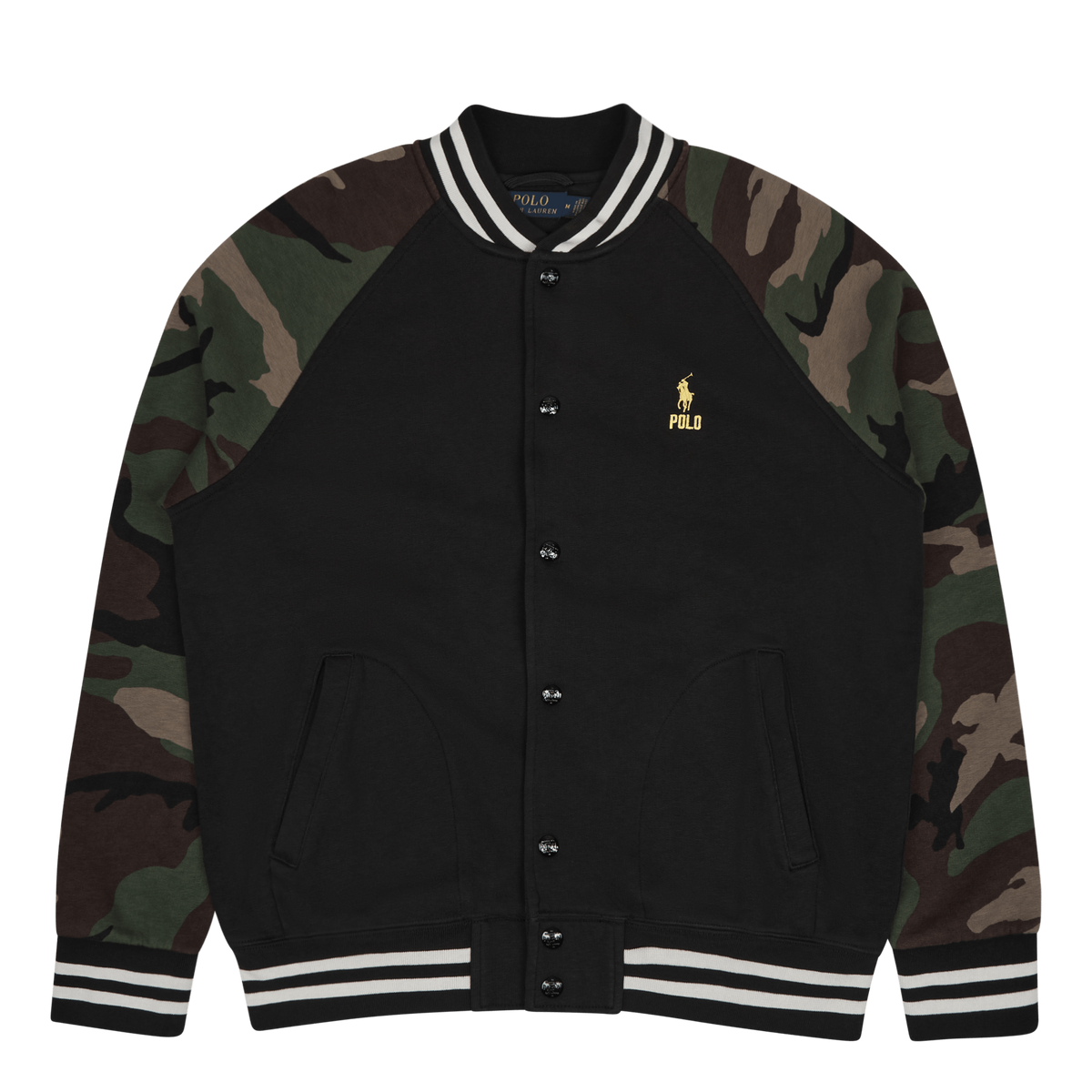 Camo-Sleeve Fleece Baseball Jacket Polo Black Multi